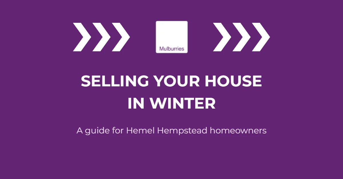 Purple Mulburries graphic with the title Selling your house in winter, a guide for Hemel Hempstead homeowners